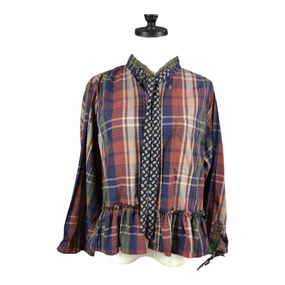 Upcycled Plaid Peplum Button-Up Blouse Contrasting Tie Detail XL